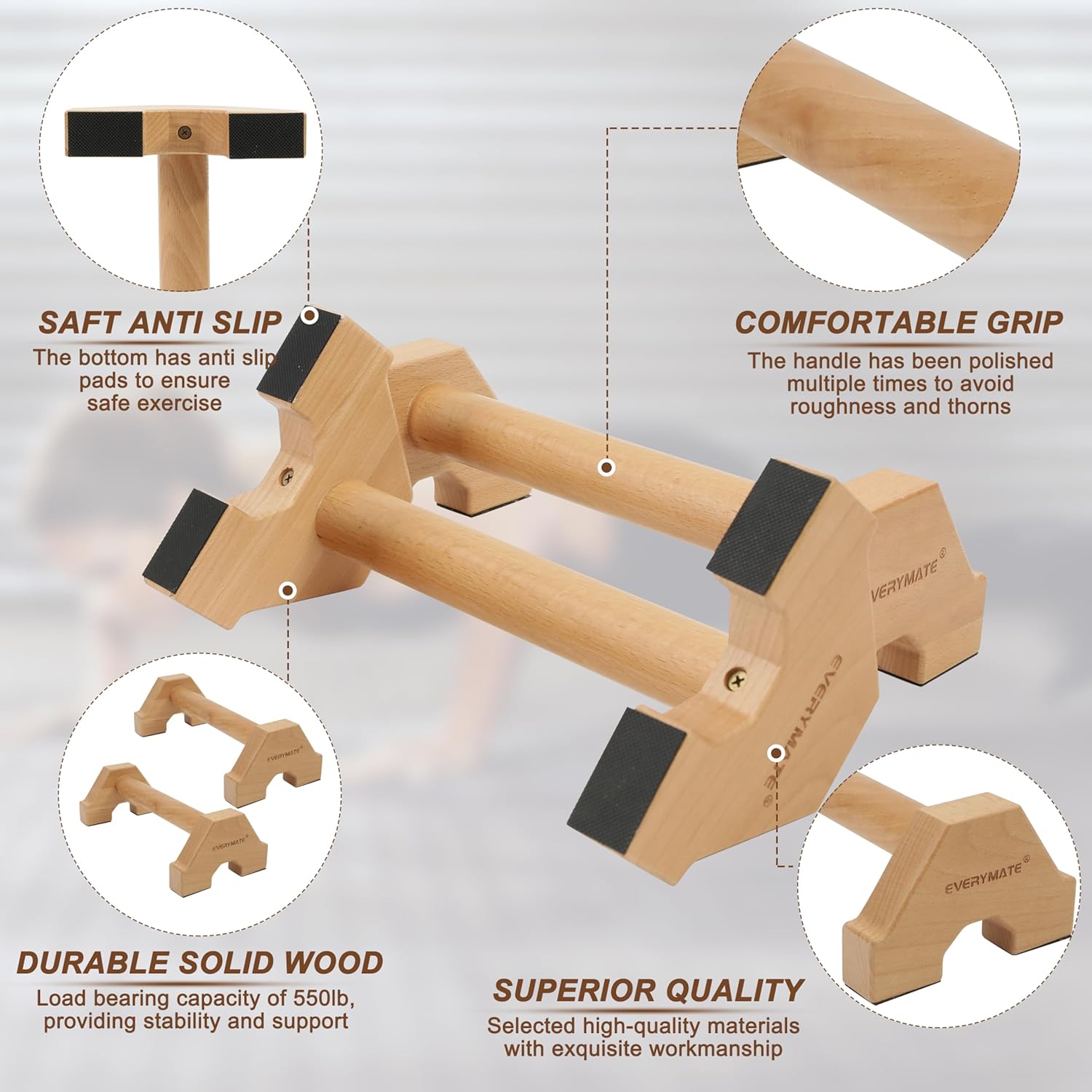 EVERYMATE Calisthenics Wood Parallettes Bars, Wood Push Up Bars Calisthenics Equipment for Home, Push Up Handles for Floor, Handstand Push Up Handles, Wrist Wraps Included